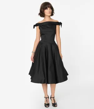 1950s Style Black Off Shoulder Mona Swing Dress