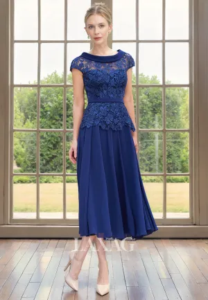 A-Line Round Cap Sleeves Lace Appliques  Elegant Mother of the Bride Dress