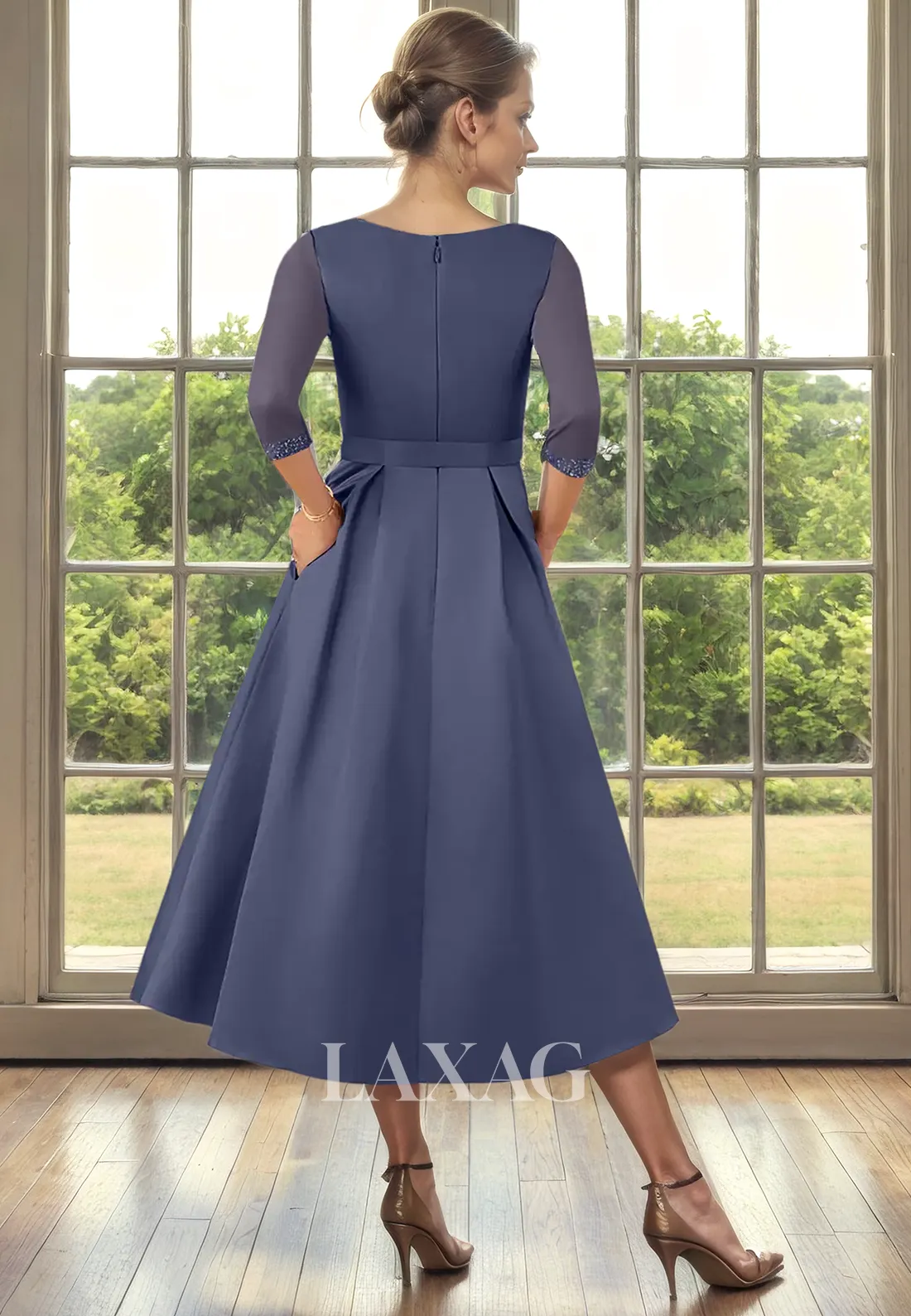 A-Line V-Neck Quarter Sleeves Sleek Satin Mother of the Bride Dress with Bow Detail
