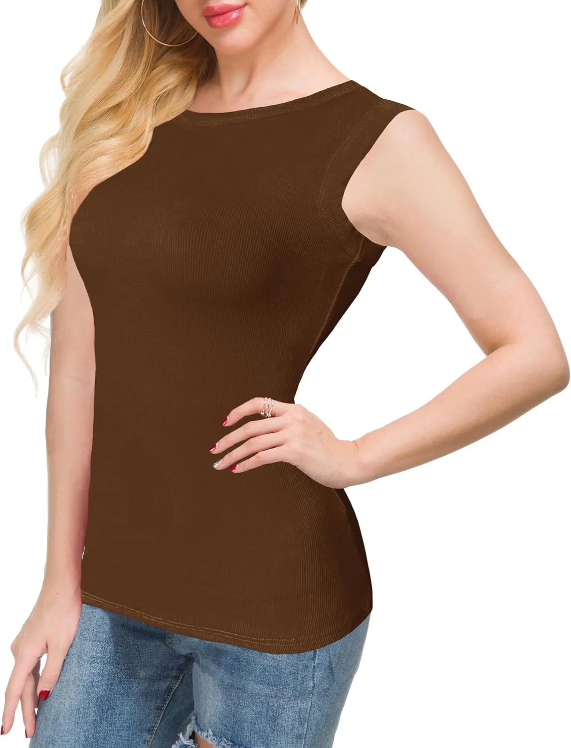 Afibi Women Tank Tops Summer Sleeveless Basic Cami Shirt Slim Knit Ribbed Racerback Blouses