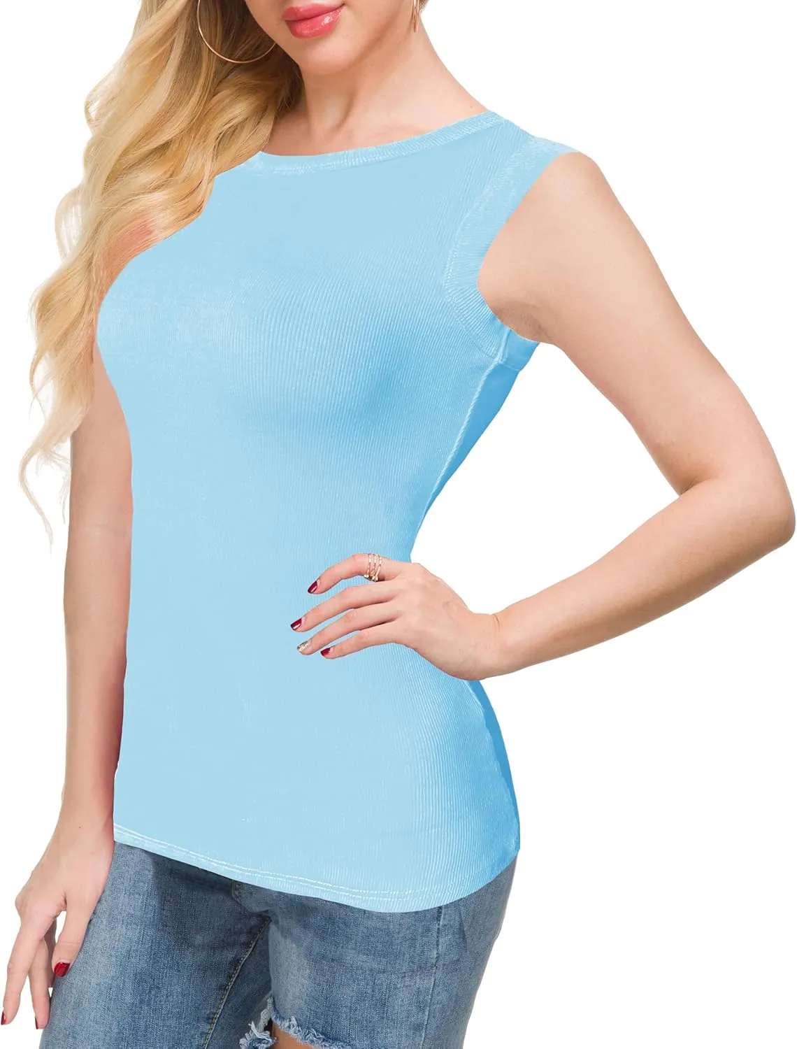 Afibi Women Tank Tops Summer Sleeveless Basic Cami Shirt Slim Knit Ribbed Racerback Blouses