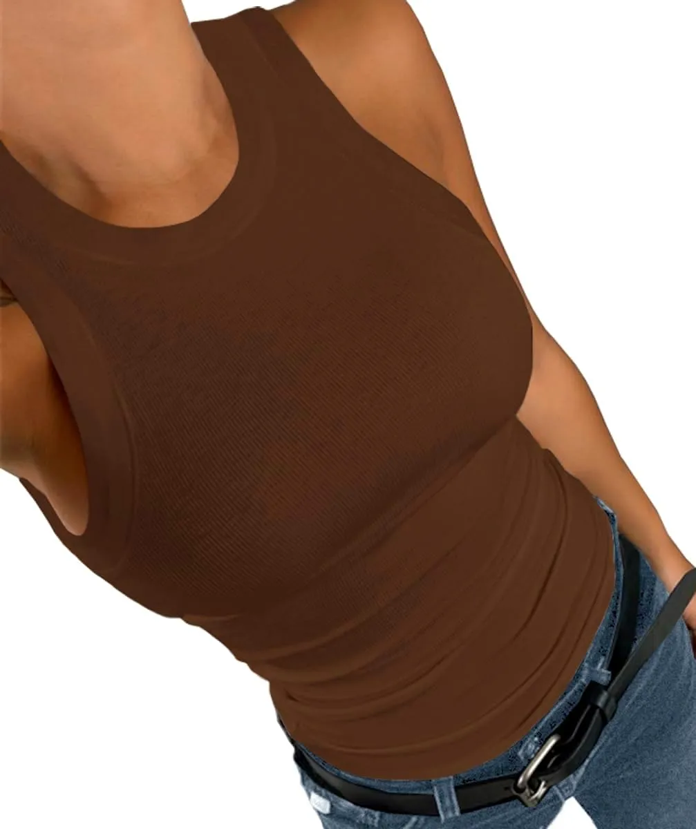 Afibi Women Tank Tops Summer Sleeveless Basic Cami Shirt Slim Knit Ribbed Racerback Blouses
