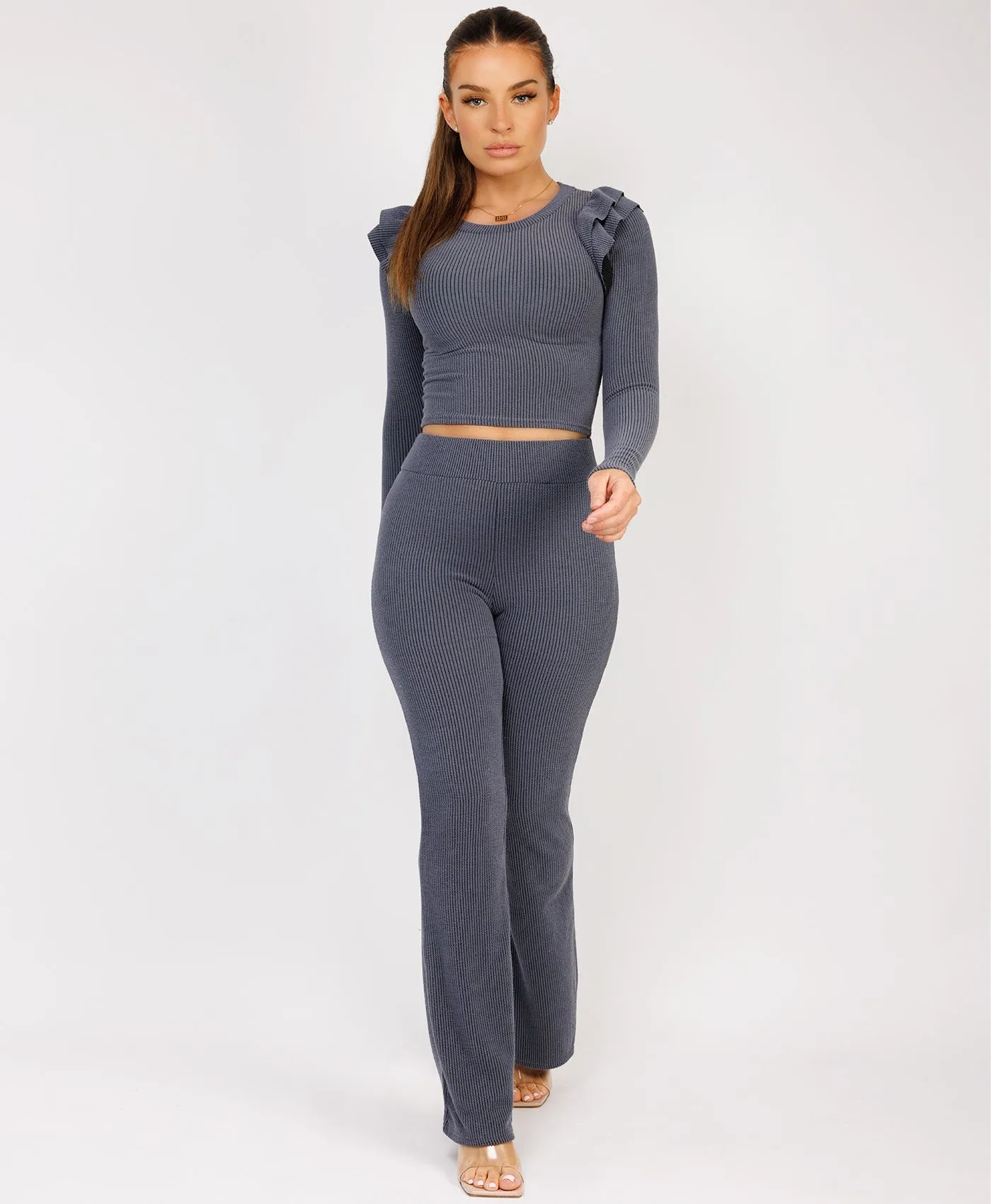 Airforce Ribbed Frill Shoulder Long Sleeve Top & Flared Trouser Set