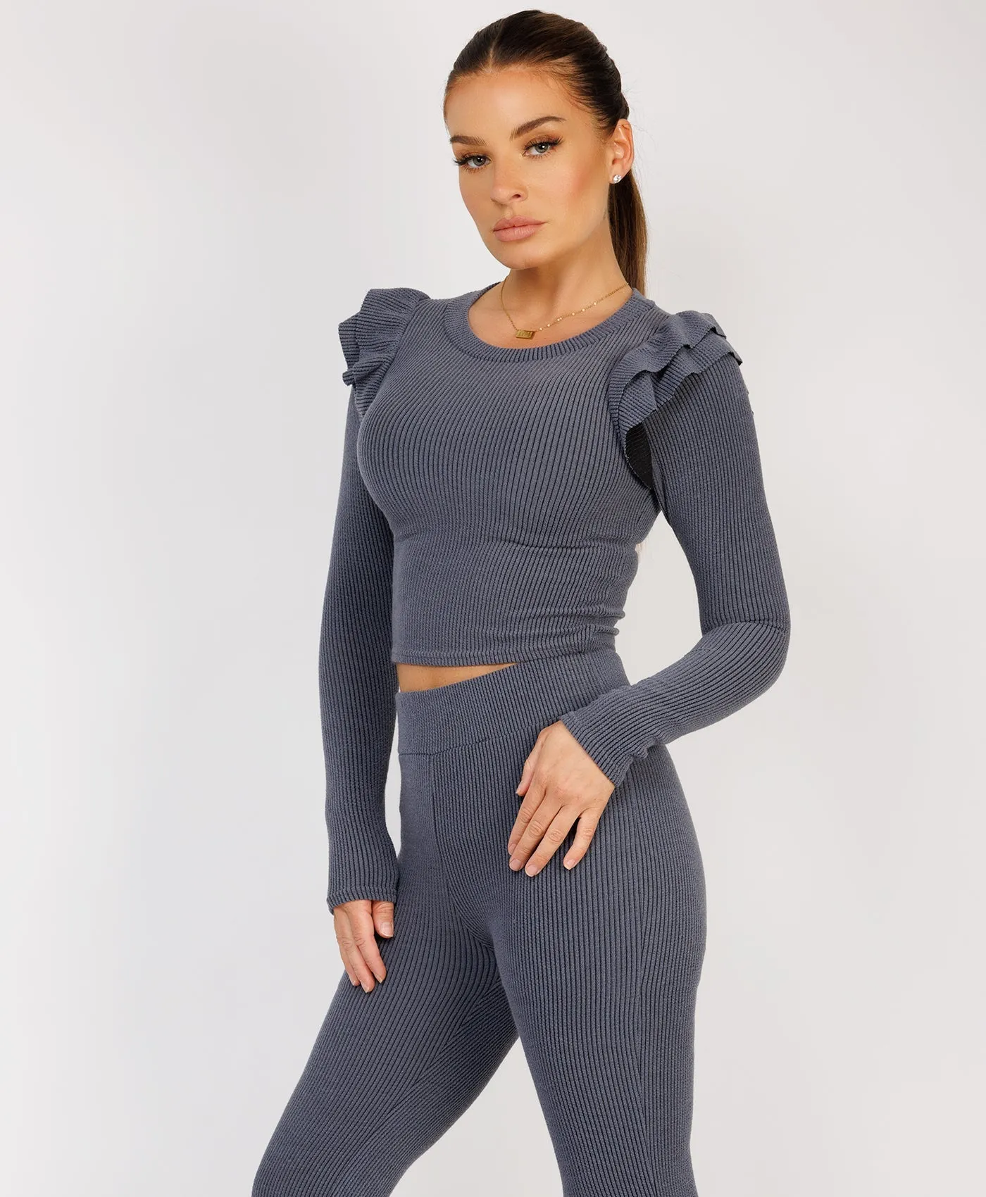 Airforce Ribbed Frill Shoulder Long Sleeve Top & Flared Trouser Set