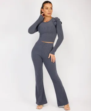 Airforce Ribbed Frill Shoulder Long Sleeve Top & Flared Trouser Set