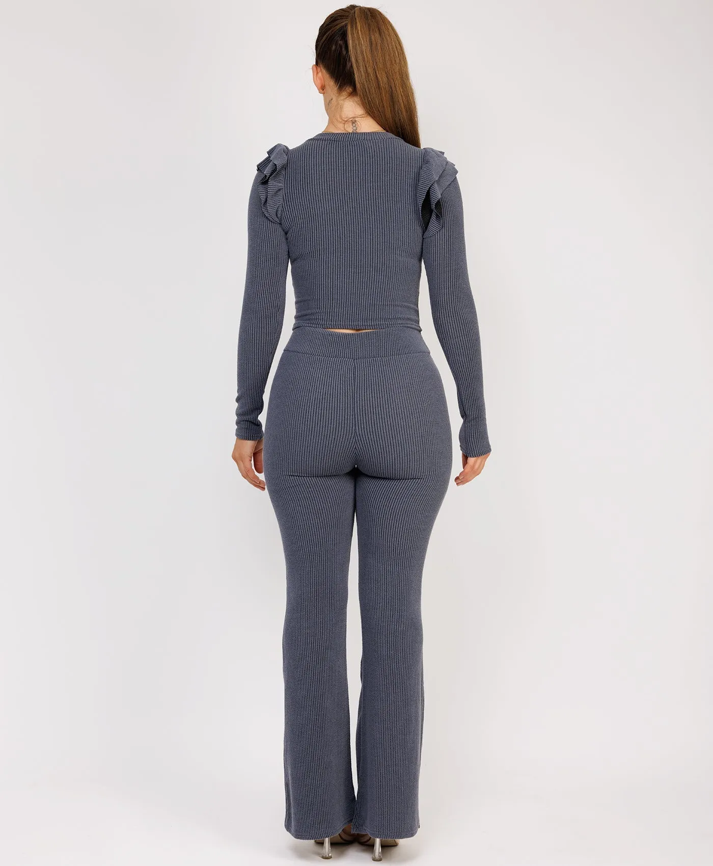 Airforce Ribbed Frill Shoulder Long Sleeve Top & Flared Trouser Set