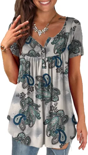 a.Jesdani Womens Summer Plus Size Tunic Tops Short Sleeve Blouses Casual Floral Henley Shirts