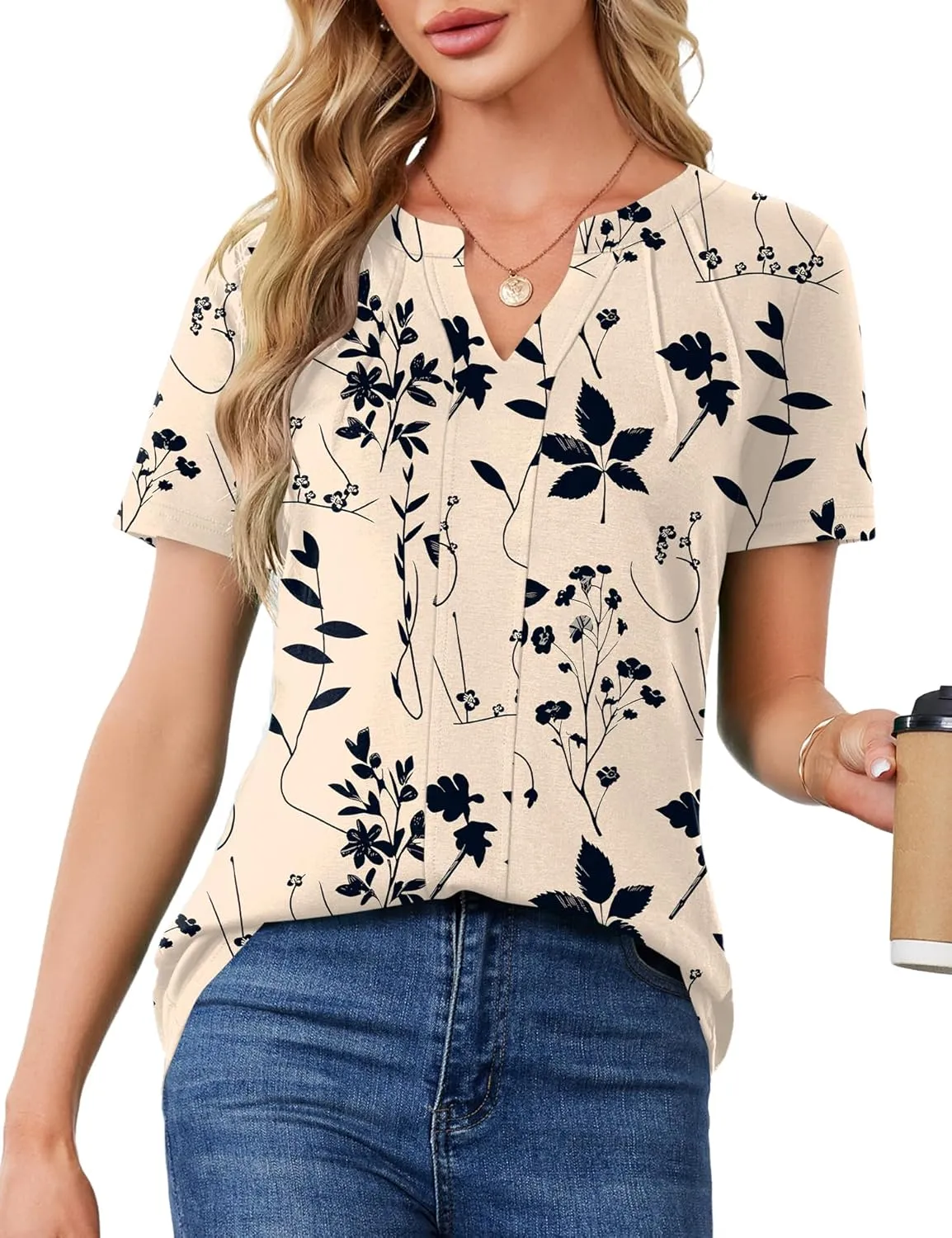 AKEWEI Short Sleeve Blouses for Women V Neck T Shirts Pleated Summer Dressy Casual Tops