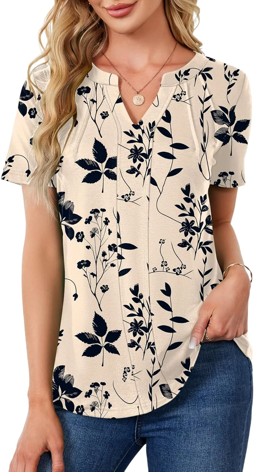 AKEWEI Short Sleeve Blouses for Women V Neck T Shirts Pleated Summer Dressy Casual Tops
