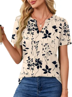 AKEWEI Short Sleeve Blouses for Women V Neck T Shirts Pleated Summer Dressy Casual Tops