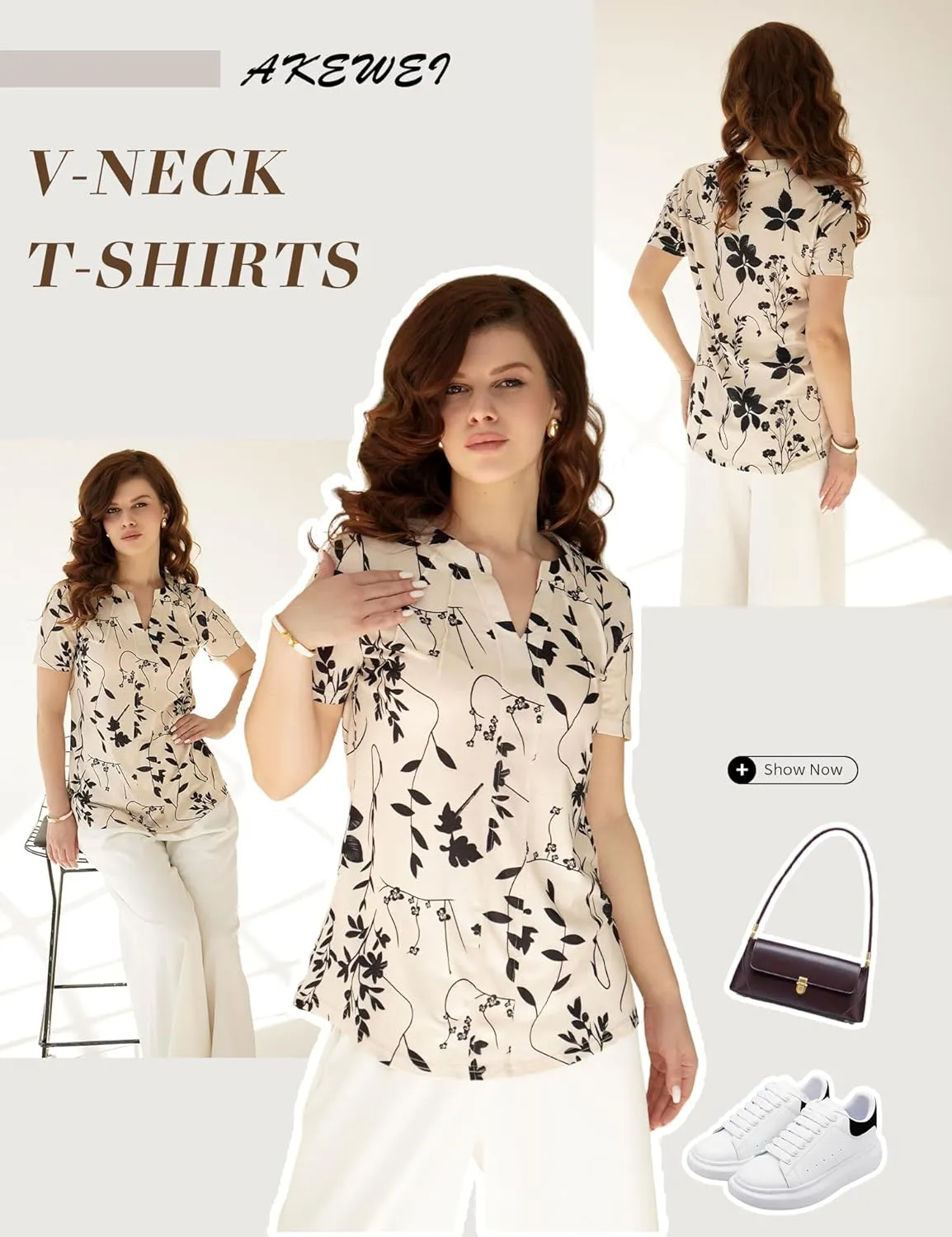 AKEWEI Short Sleeve Blouses for Women V Neck T Shirts Pleated Summer Dressy Casual Tops