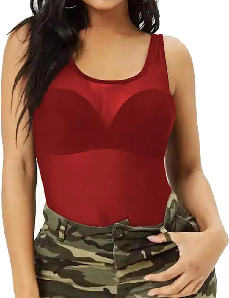 Allchic Womens Sheer Mesh Tank Tops, See Through Scoop Neck Blouses, Sleeveless Sexy Tops