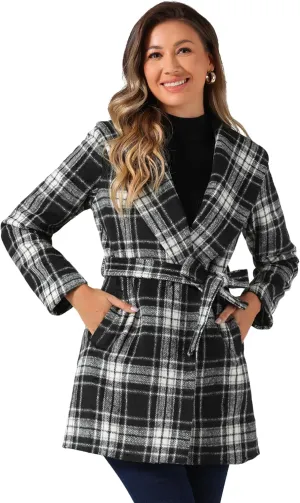 Allegra K Women's Plaid Belted Shawl Collar Tie Waist Wrap Overcoat Fall Winter Coat