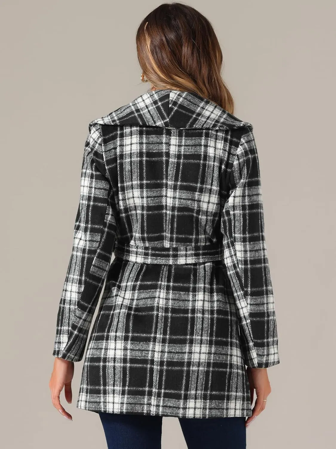 Allegra K Women's Plaid Belted Shawl Collar Tie Waist Wrap Overcoat Fall Winter Coat