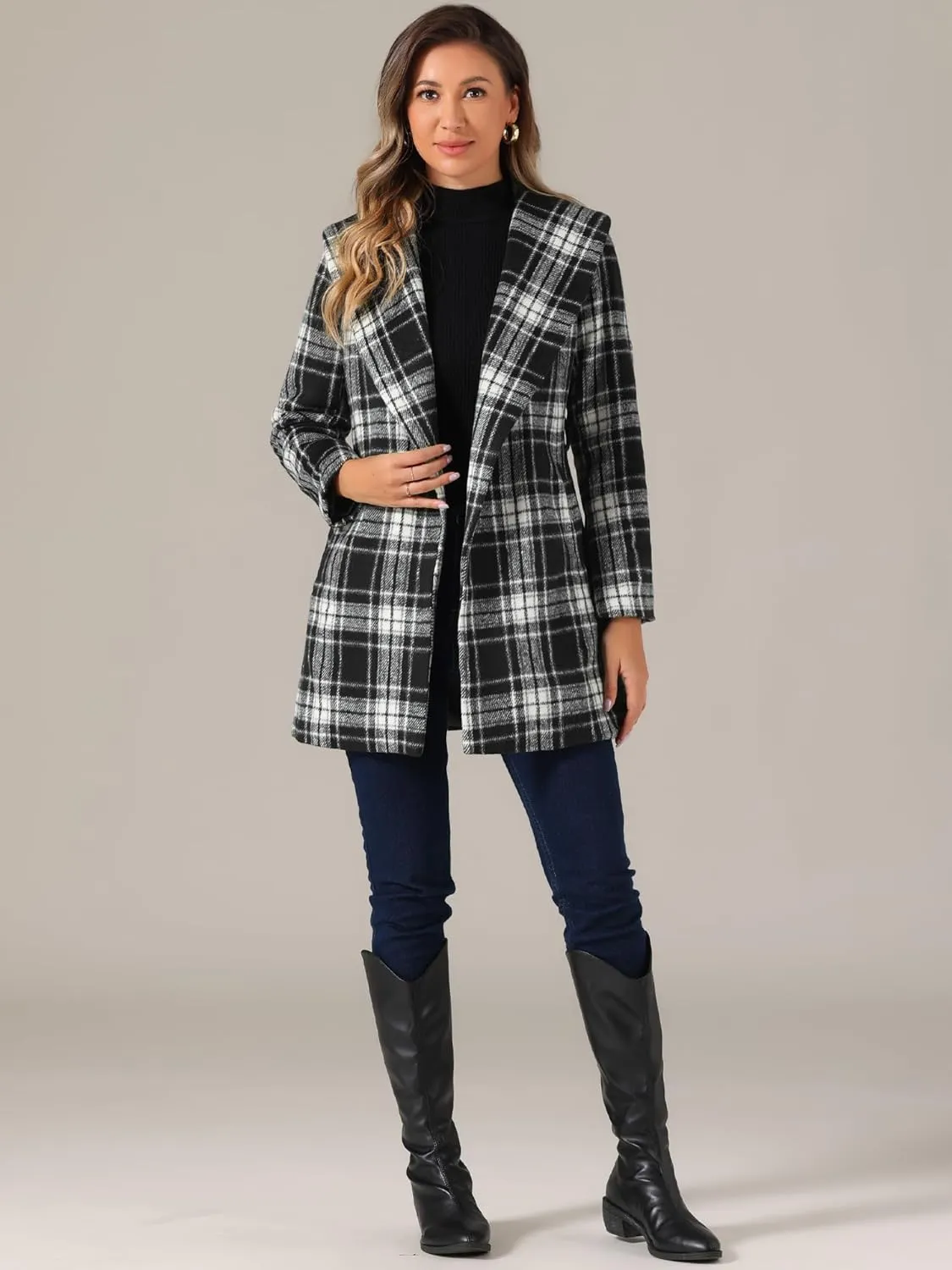 Allegra K Women's Plaid Belted Shawl Collar Tie Waist Wrap Overcoat Fall Winter Coat