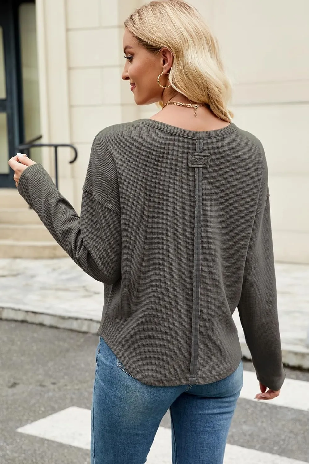 Allimy Womens Crewneck Thick Waffle Knit Sweatshirts for Women with Raw Edge Long Sleeve Shirts Winter Tops