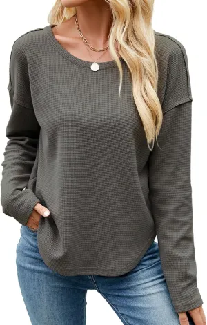 Allimy Womens Crewneck Thick Waffle Knit Sweatshirts for Women with Raw Edge Long Sleeve Shirts Winter Tops
