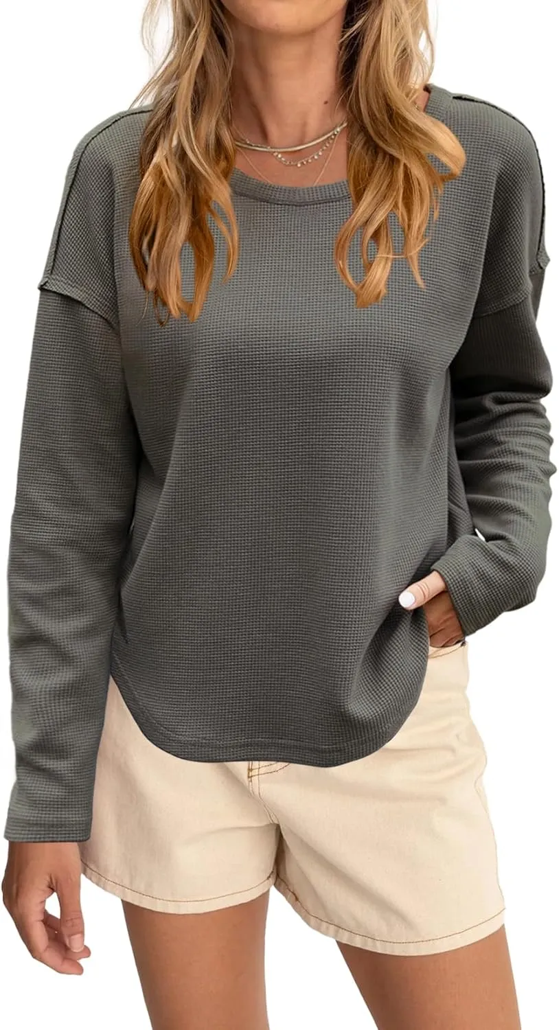 Allimy Womens Crewneck Thick Waffle Knit Sweatshirts for Women with Raw Edge Long Sleeve Shirts Winter Tops