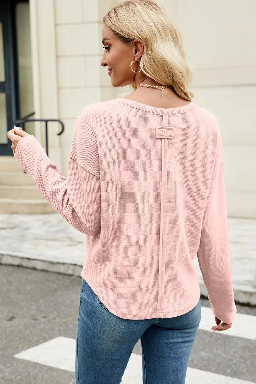 Allimy Womens Crewneck Thick Waffle Knit Sweatshirts for Women with Raw Edge Long Sleeve Shirts Winter Tops