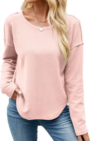 Allimy Womens Crewneck Thick Waffle Knit Sweatshirts for Women with Raw Edge Long Sleeve Shirts Winter Tops