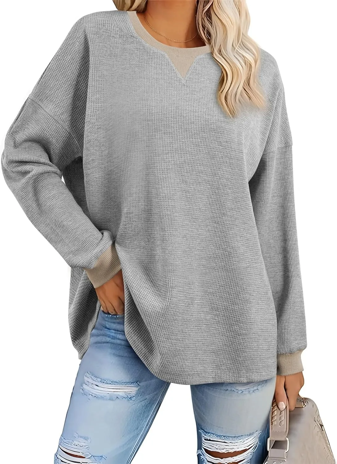 AlvaQ Long Sleeve Shirts for Women Fall Fashion 2024 Dressy Casual Blouses Trendy Waffle Knit Tunic Tops