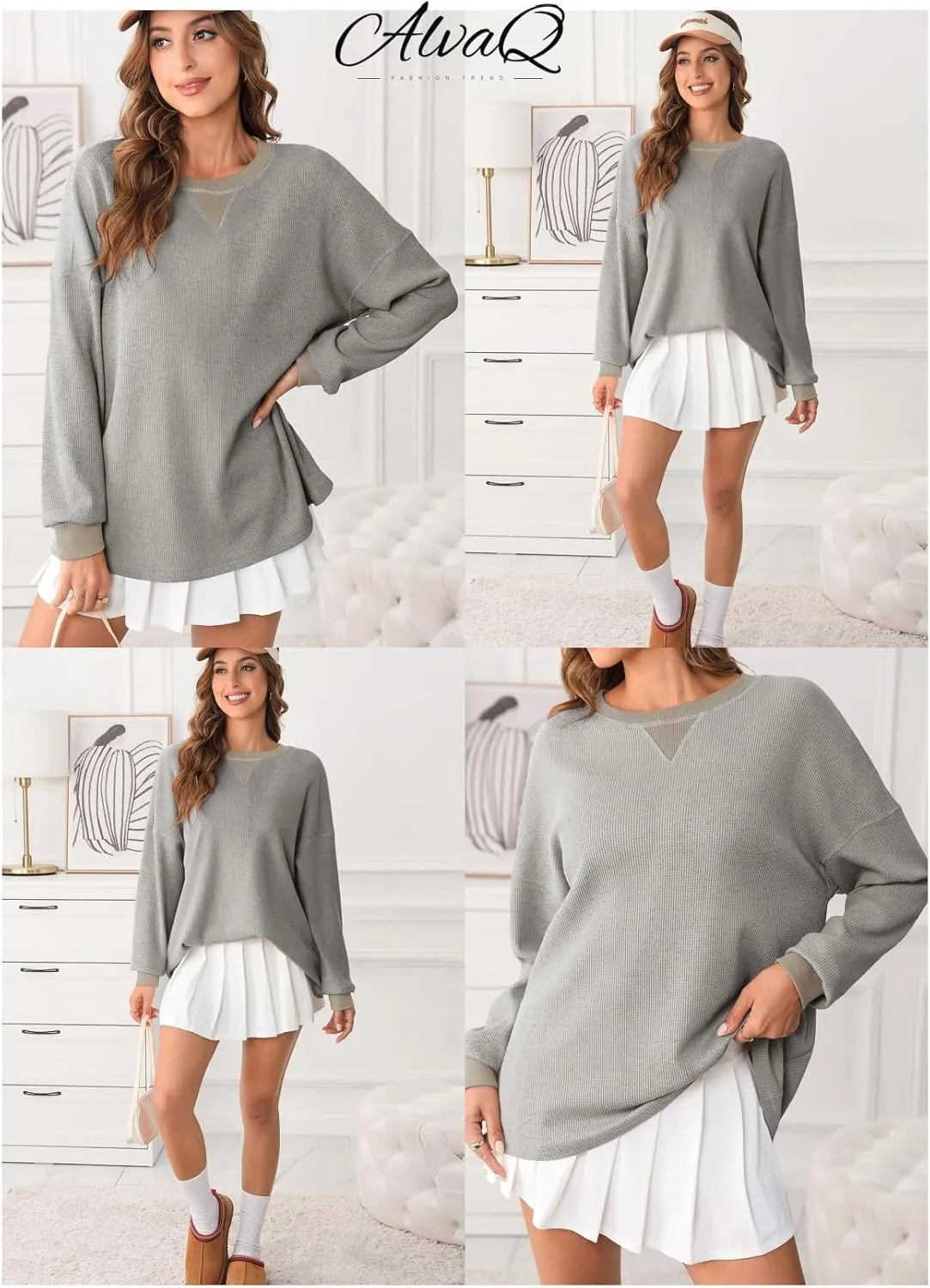 AlvaQ Long Sleeve Shirts for Women Fall Fashion 2024 Dressy Casual Blouses Trendy Waffle Knit Tunic Tops