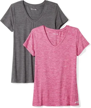 Amazon Essentials Women's Active Quick Dry Tech Stretch Short-Sleeve V-Neck T-Shirt (Available in Plus Size), Pack of 2