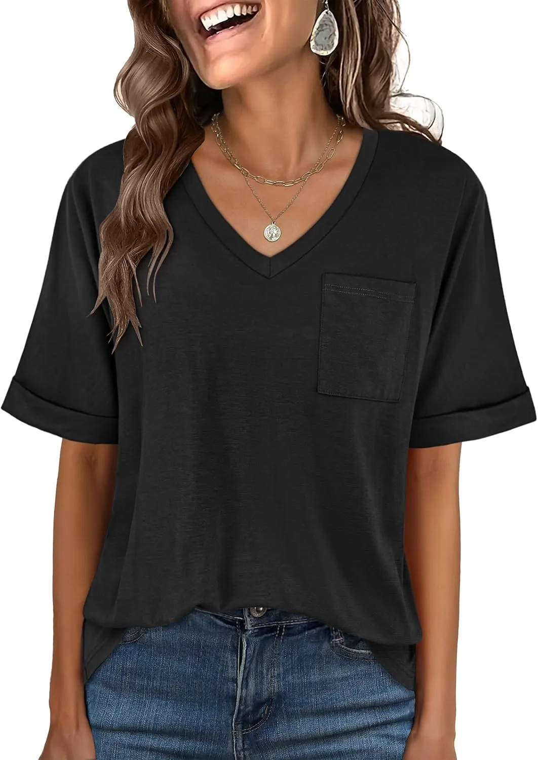 ANRABESS Women T Shirts Oversized Short Sleeve V Neck 2025 Summer Casual Loose Tops Basic Tee Shirts Outfits with Pocket
