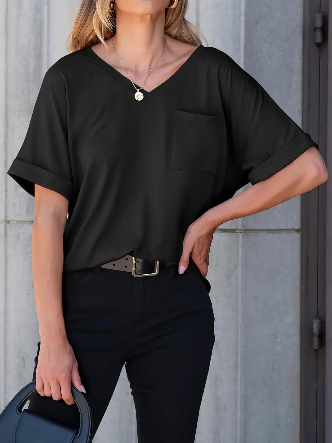 ANRABESS Women T Shirts Oversized Short Sleeve V Neck 2025 Summer Casual Loose Tops Basic Tee Shirts Outfits with Pocket