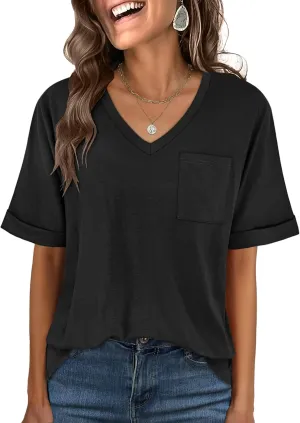 ANRABESS Women T Shirts Oversized Short Sleeve V Neck 2025 Summer Casual Loose Tops Basic Tee Shirts Outfits with Pocket