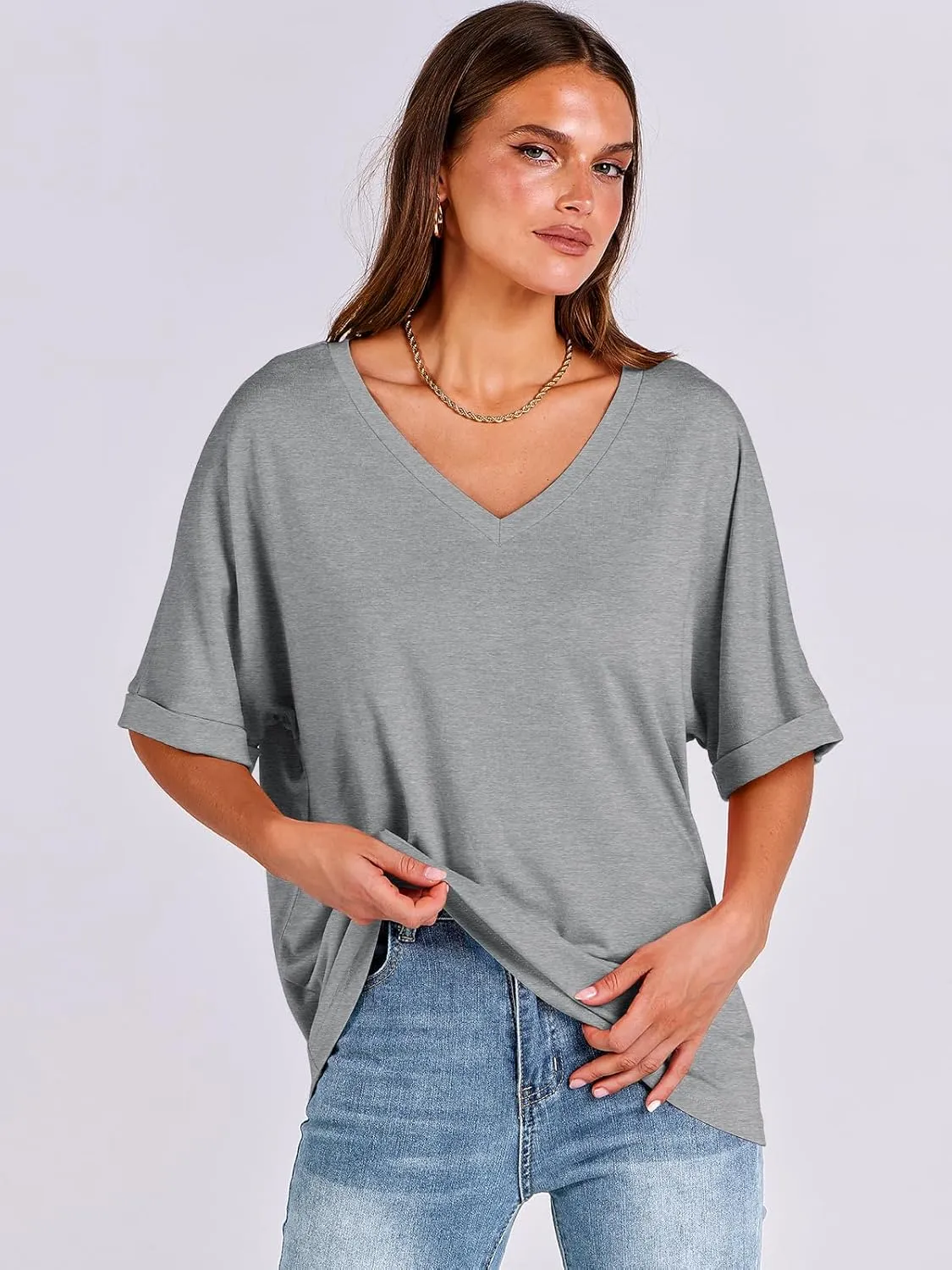 ANRABESS Women's Oversized T Shirts Short Sleeve V Neck Summer Tops Casual Loose Basic Plain Tee Shirts 2025 Clothes Outfits