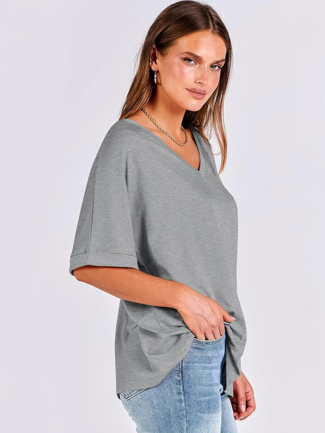 ANRABESS Women's Oversized T Shirts Short Sleeve V Neck Summer Tops Casual Loose Basic Plain Tee Shirts 2025 Clothes Outfits