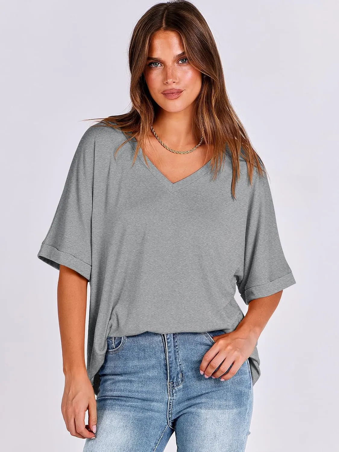 ANRABESS Women's Oversized T Shirts Short Sleeve V Neck Summer Tops Casual Loose Basic Plain Tee Shirts 2025 Clothes Outfits