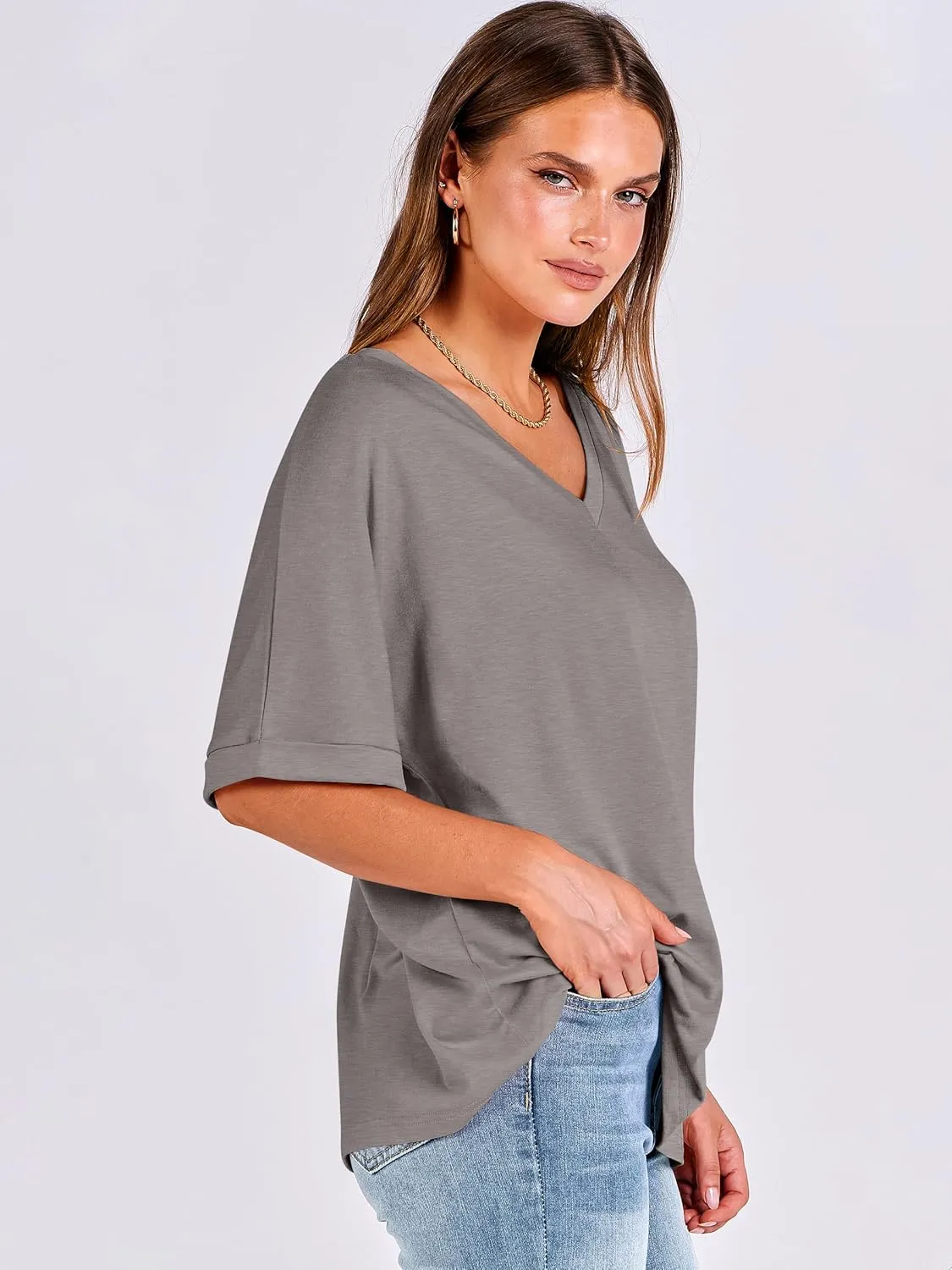 ANRABESS Women's Oversized T Shirts Short Sleeve V Neck Summer Tops Casual Loose Basic Plain Tee Shirts 2025 Clothes Outfits