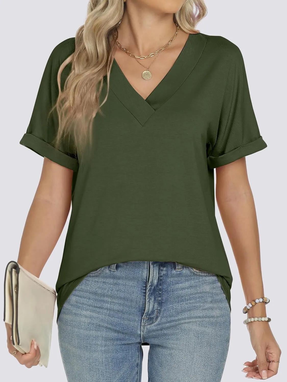 ANRABESS Womens T Shirts Short Sleeve V Neck Shirts Summer Loose Fit Dressy Tops Business Casual Blouses 2025 Basic Tees
