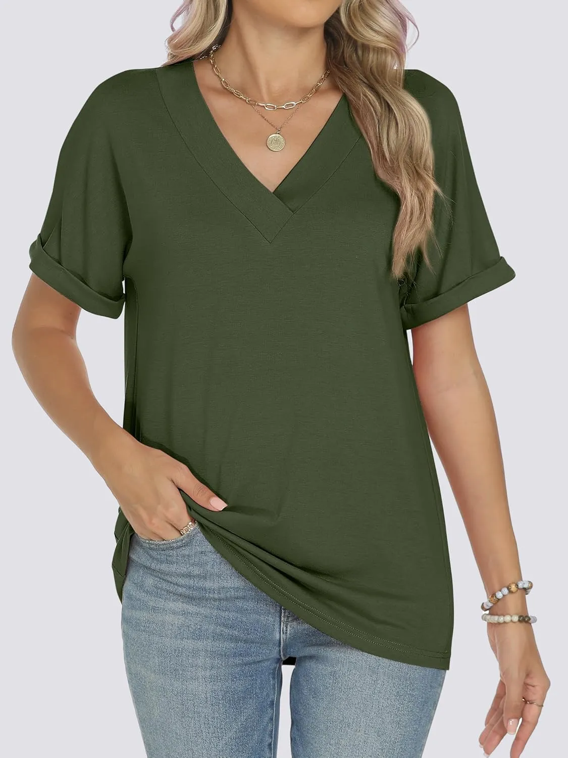 ANRABESS Womens T Shirts Short Sleeve V Neck Shirts Summer Loose Fit Dressy Tops Business Casual Blouses 2025 Basic Tees