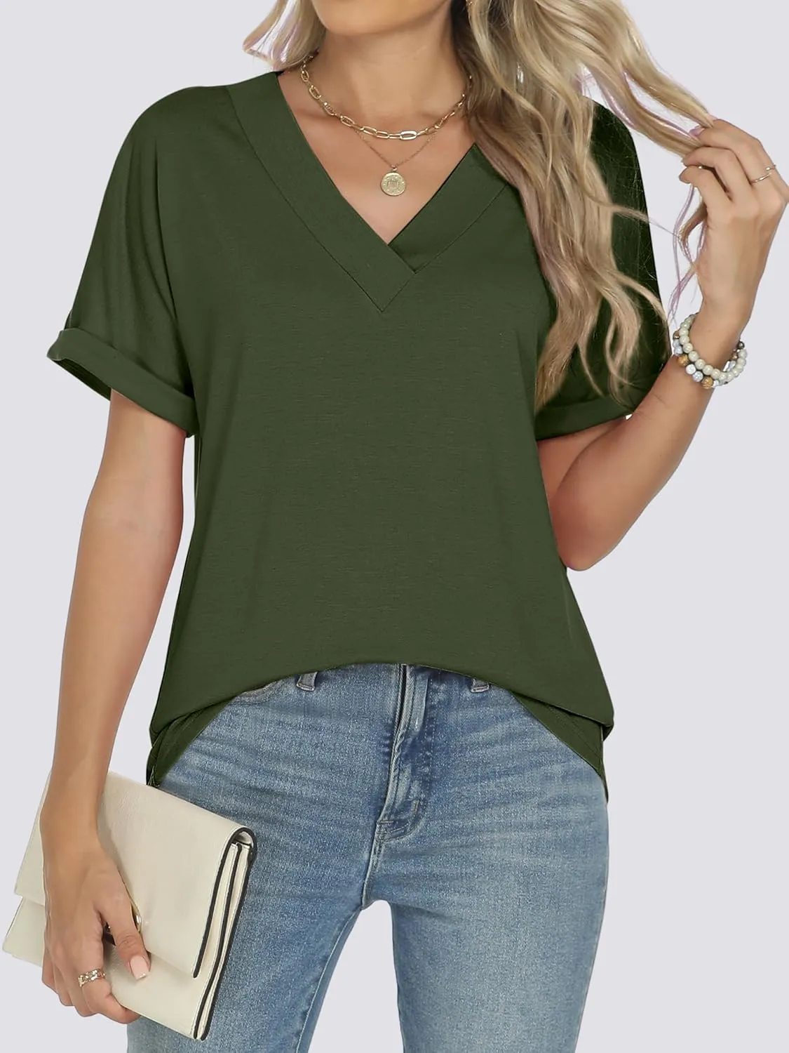 ANRABESS Womens T Shirts Short Sleeve V Neck Shirts Summer Loose Fit Dressy Tops Business Casual Blouses 2025 Basic Tees