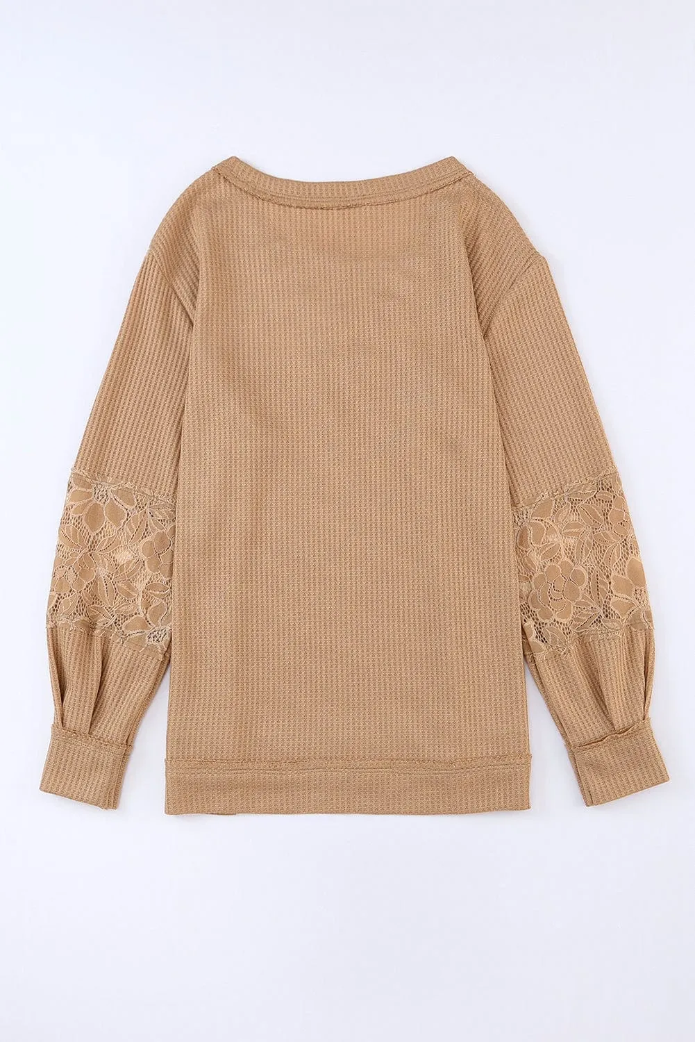 Apricot Patchwork Lace Detail V Neck Waffle Knit Long Sleeve Top
