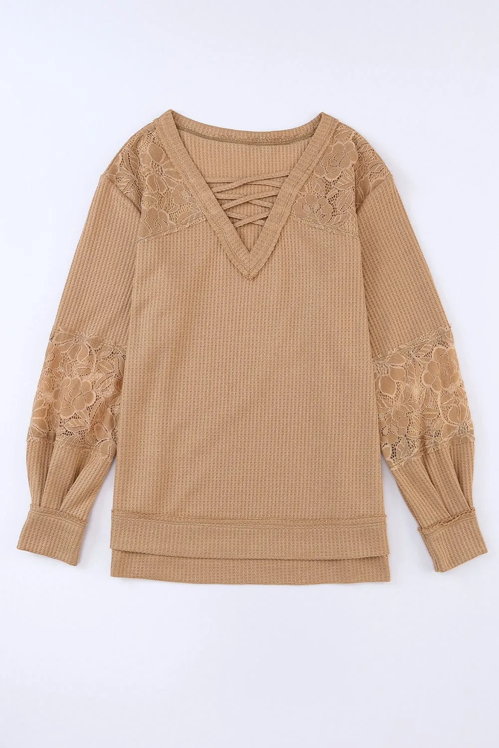 Apricot Patchwork Lace Detail V Neck Waffle Knit Long Sleeve Top