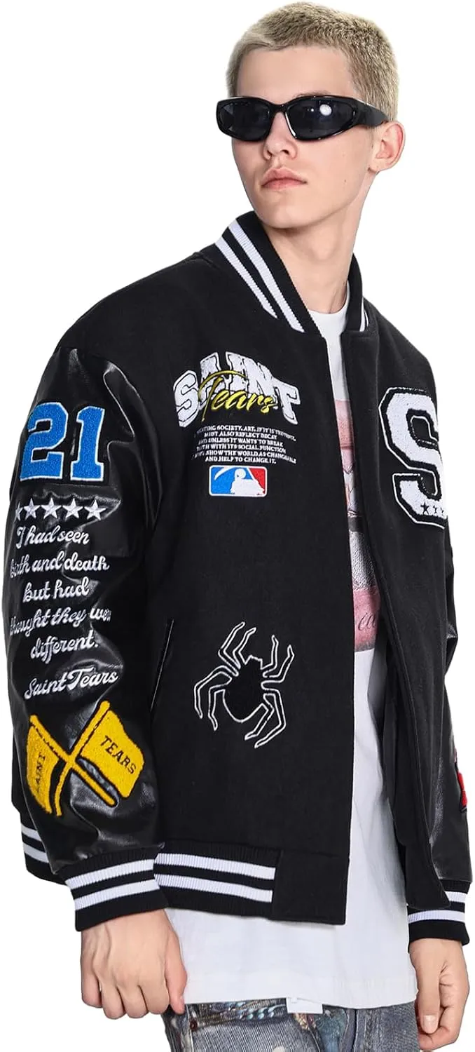 Arnodefrance Men Saint Savior Graphic Print Varsity Jacket Vintage Baseball Jackets streetwear Coats