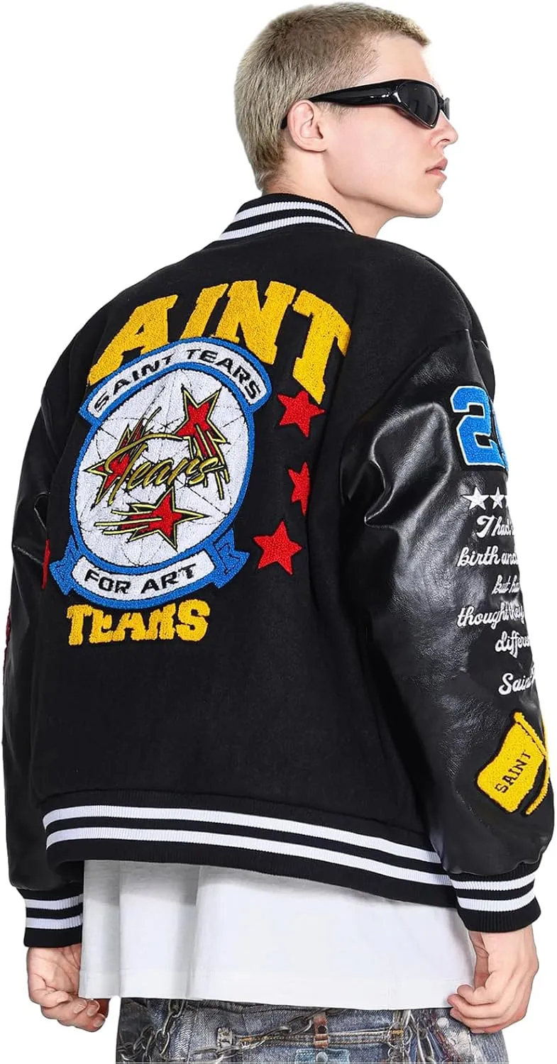 Arnodefrance Men Saint Savior Graphic Print Varsity Jacket Vintage Baseball Jackets streetwear Coats