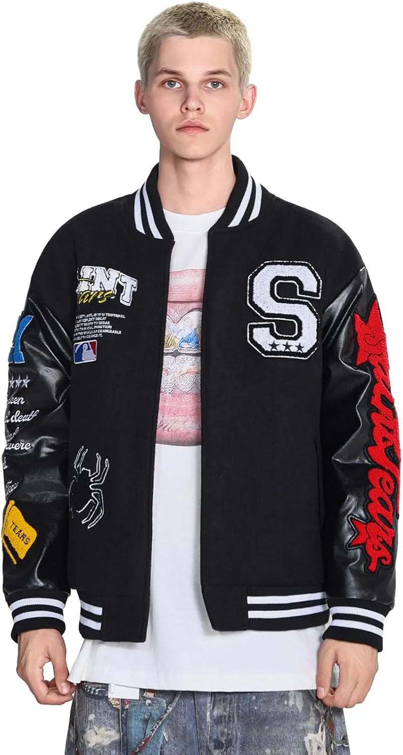 Arnodefrance Men Saint Savior Graphic Print Varsity Jacket Vintage Baseball Jackets streetwear Coats