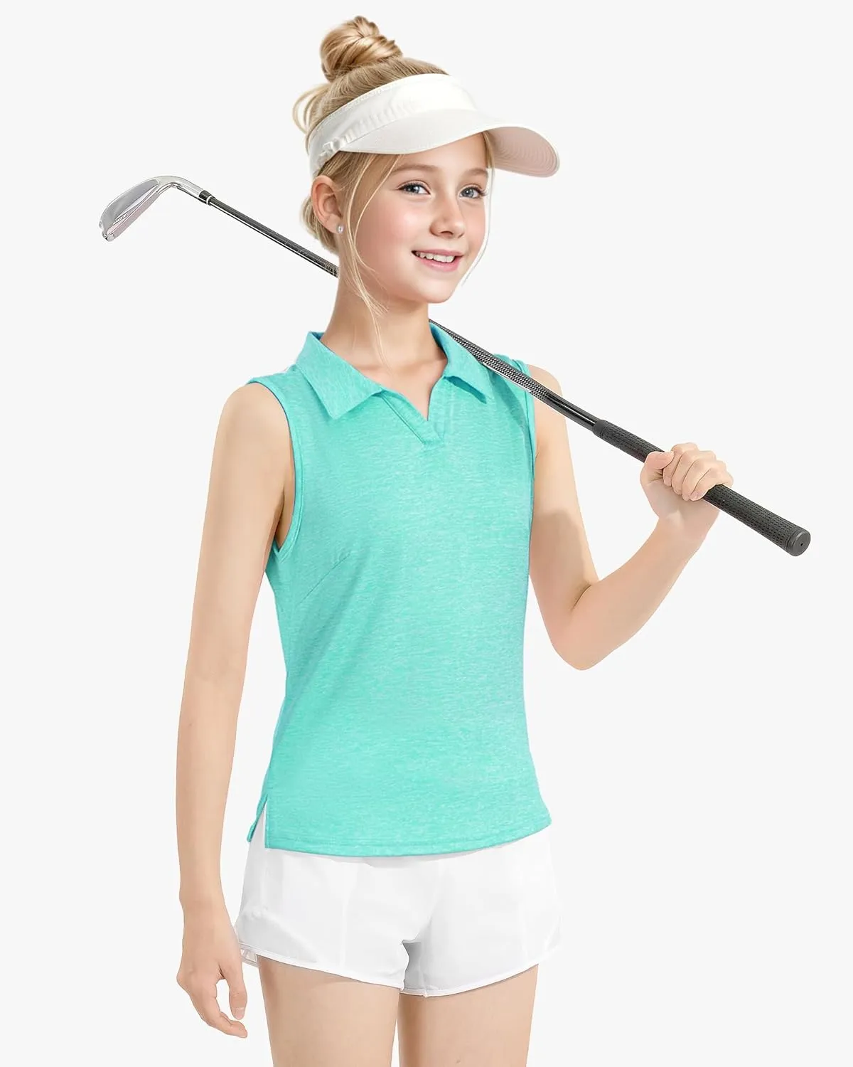Auranso Girls Sleeveless Polo Shirts V-Neck Golf Tennis T-Shirts with Collared Quick Dry Tank Tops