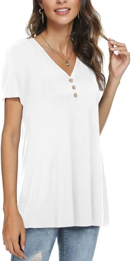 AWULIFFAN Womens Summer Short Sleeve Tunic Tops Loose Fit Casual T-Shirt Button Up Blouses