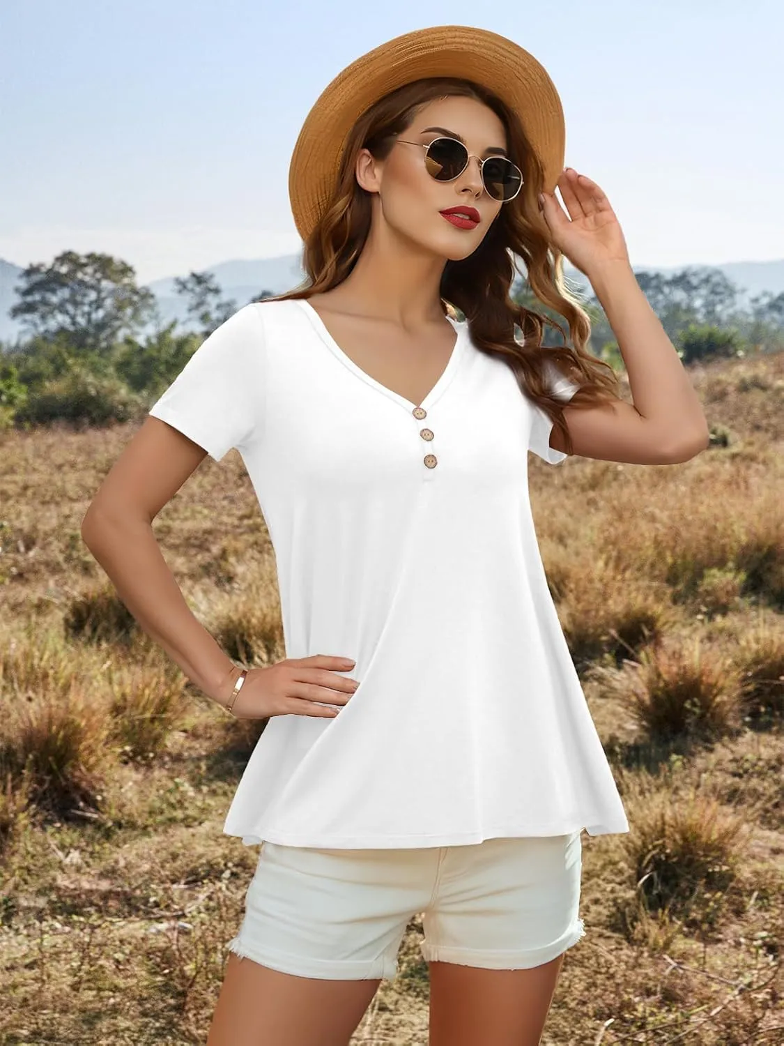 AWULIFFAN Womens Summer Short Sleeve Tunic Tops Loose Fit Casual T-Shirt Button Up Blouses