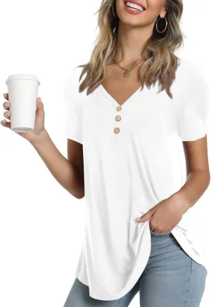 AWULIFFAN Womens Summer Short Sleeve Tunic Tops Loose Fit Casual T-Shirt Button Up Blouses