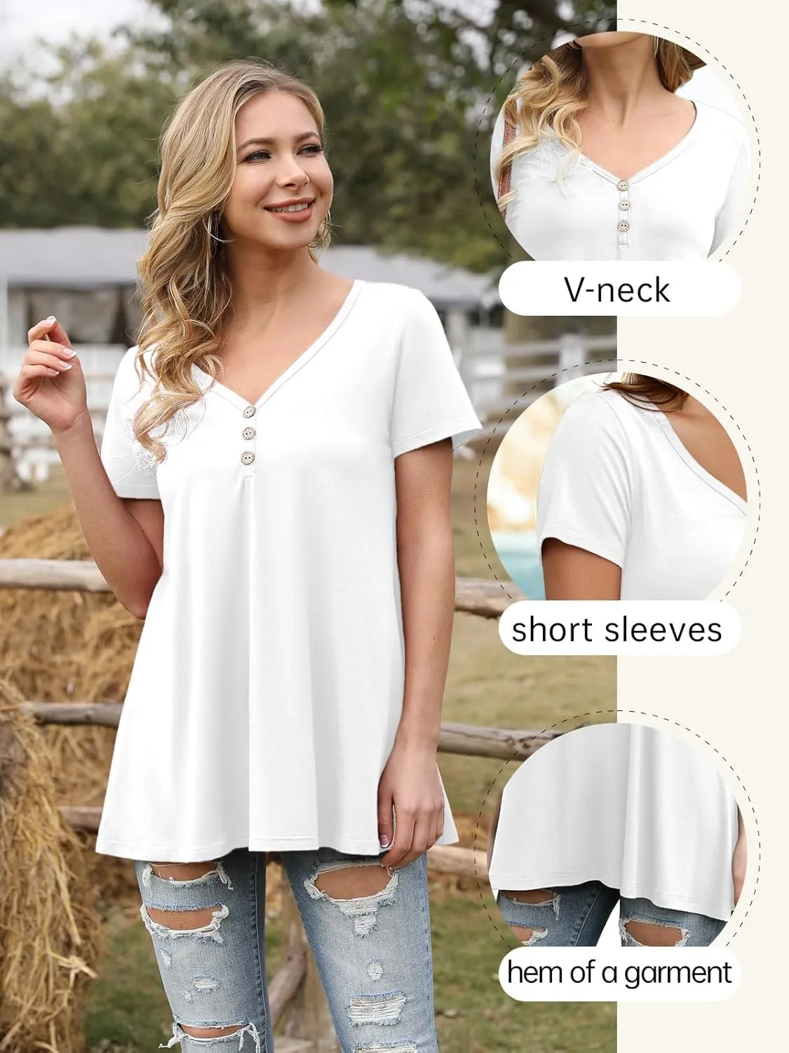 AWULIFFAN Womens Summer Short Sleeve Tunic Tops Loose Fit Casual T-Shirt Button Up Blouses