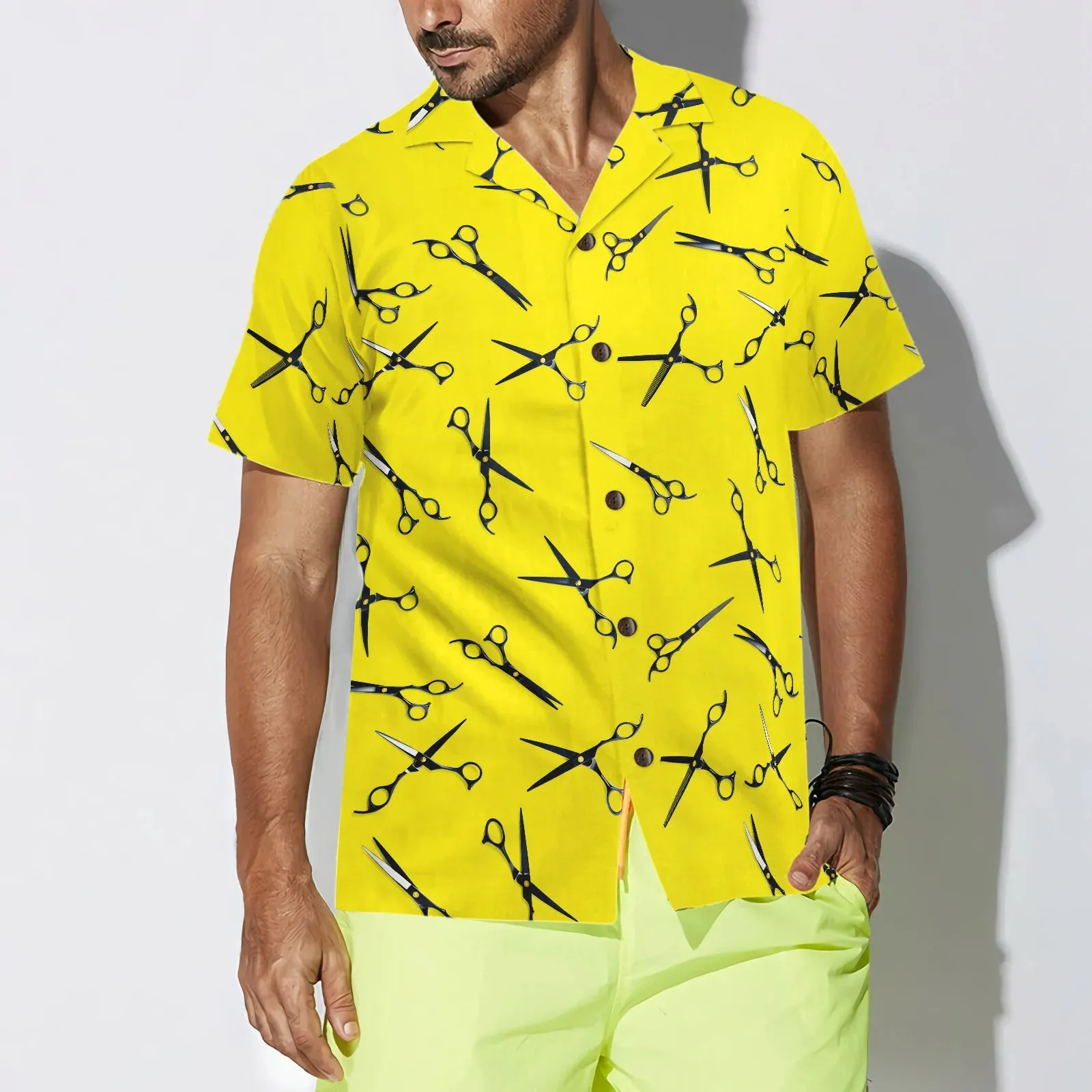 Barber Yellow Scissors Pattern Hawaiian Shirt, Scissors For Professional Barber Aloha Shirt Summer For Men, Best Gift For Barber, Summer, Husband, Boyfriend