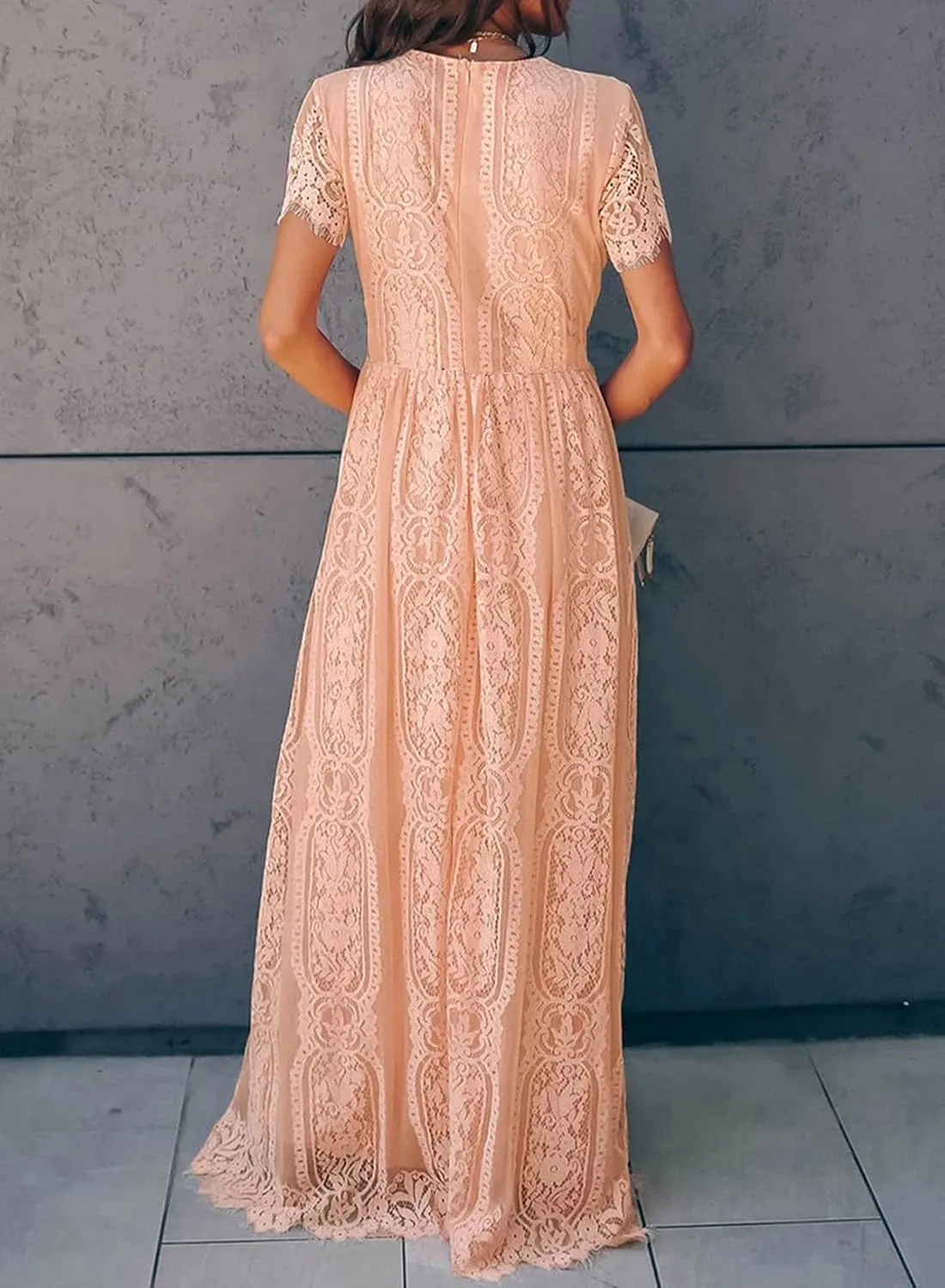 Bdcoco Women's V Neck Floral Lace Wedding Dress Short Sleeve Bridesmaid Evening Party Maxi Dress
