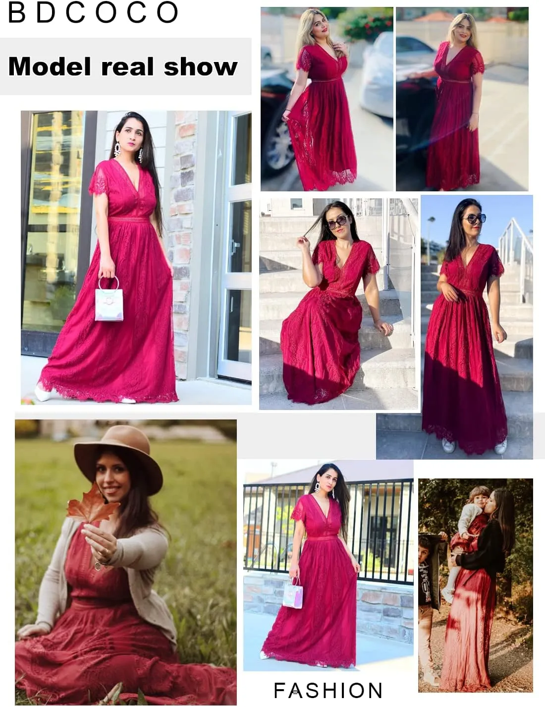 Bdcoco Women's V Neck Floral Lace Wedding Dress Short Sleeve Bridesmaid Evening Party Maxi Dress